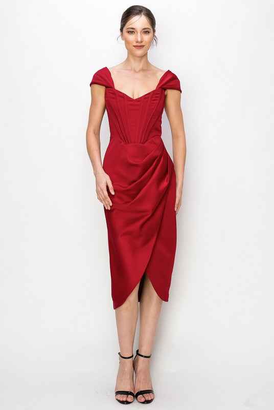 Satin Corset Midi Dress (Black, Burgundy)