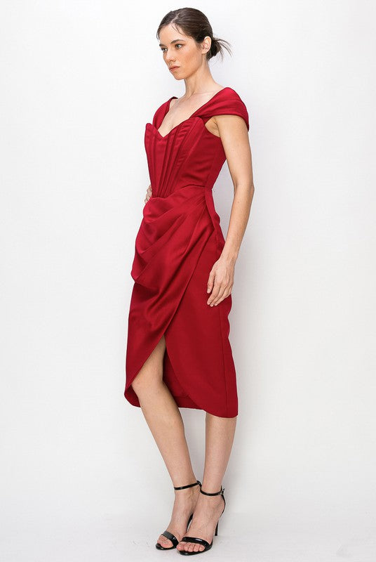 Satin Corset Midi Dress (Black, Burgundy)