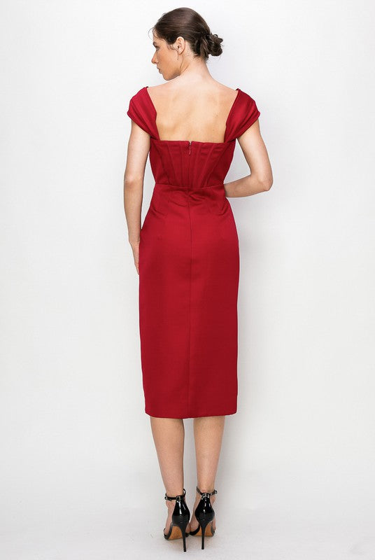 Satin Corset Midi Dress (Black, Burgundy)