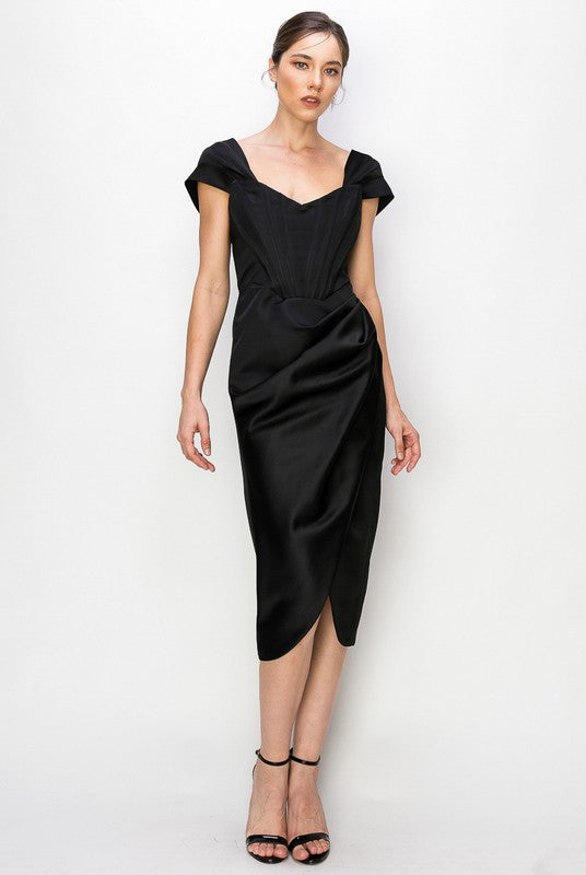Satin Corset Midi Dress (Black, Burgundy)