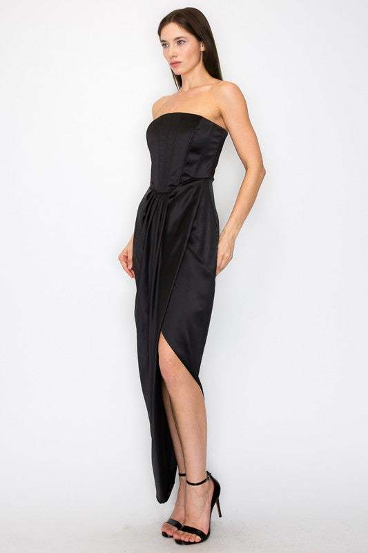 Bustier Strapless Satin Maxi Dress (Black, Purple)