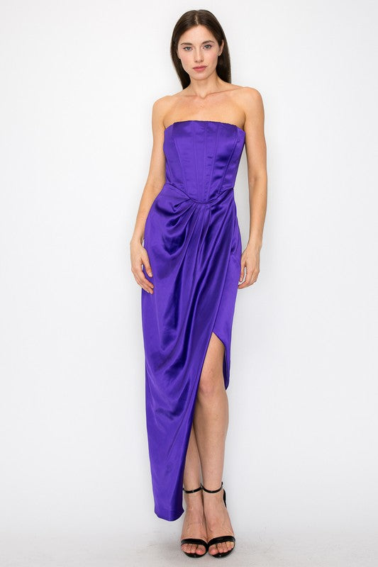Bustier Strapless Satin Maxi Dress (Black, Purple)