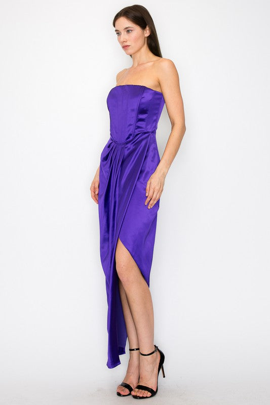 Bustier Strapless Satin Maxi Dress (Black, Purple)