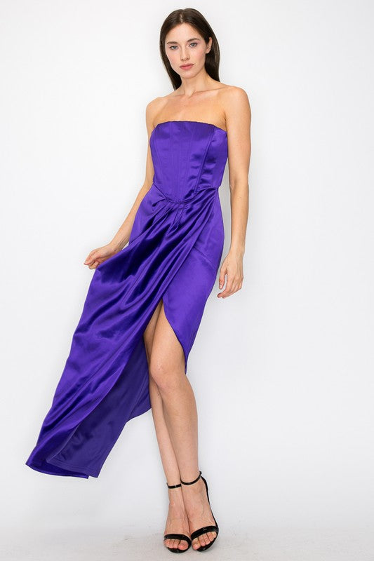Bustier Strapless Satin Maxi Dress (Black, Purple)
