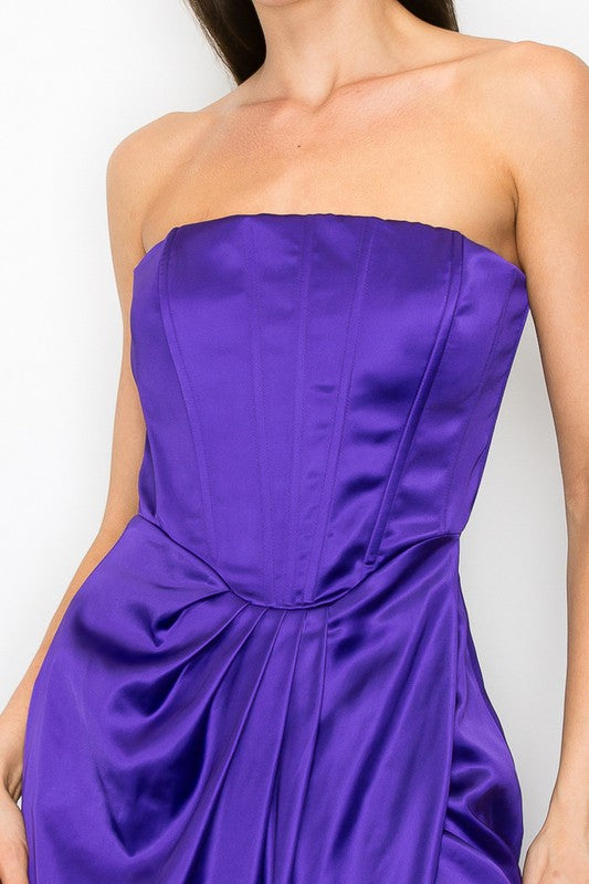 Bustier Strapless Satin Maxi Dress (Black, Purple)