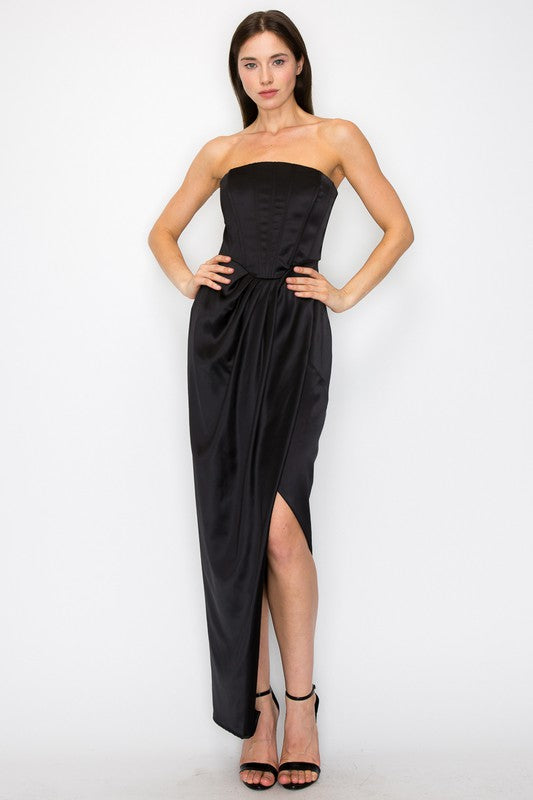 Bustier Strapless Satin Maxi Dress (Black, Purple)