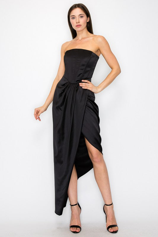 Bustier Strapless Satin Maxi Dress (Black, Purple)