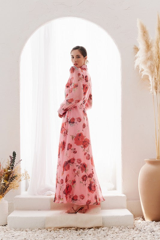 Organza Flower Print Maxi Dress