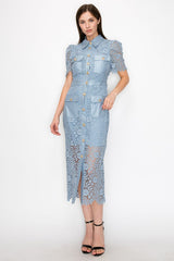 Buttoned Flower Lace Midi Dress