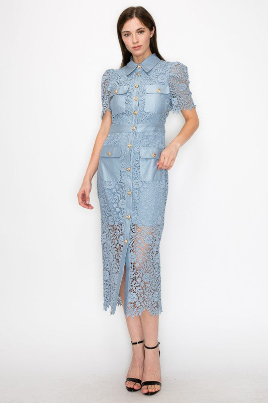 Buttoned Flower Lace Midi Dress
