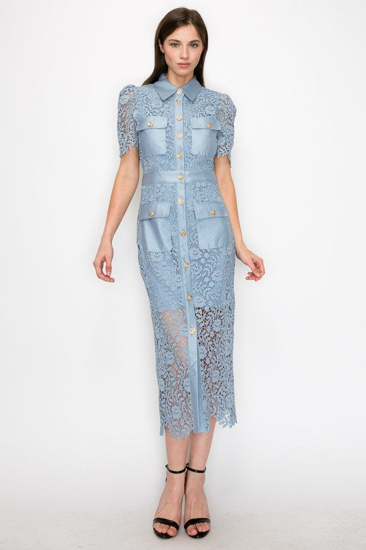 Buttoned Flower Lace Midi Dress
