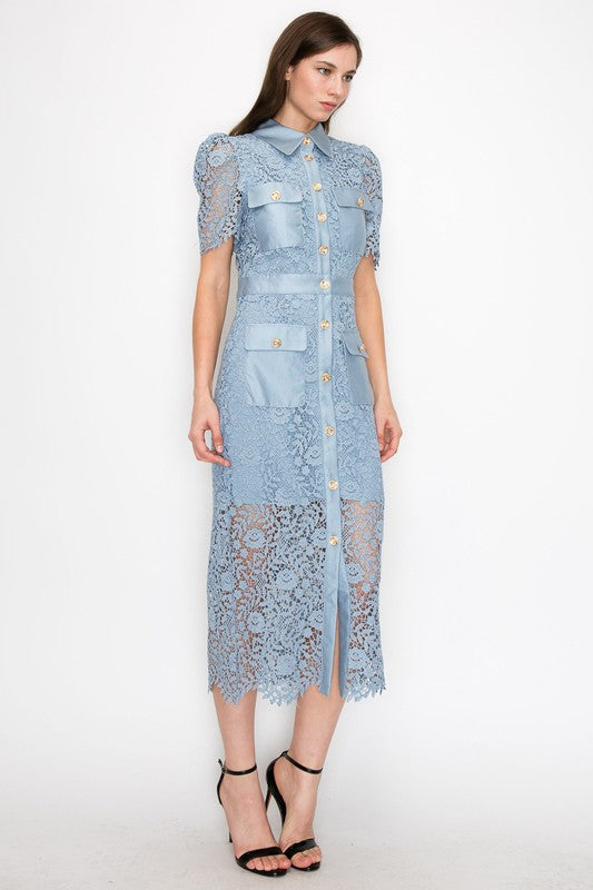 Buttoned Flower Lace Midi Dress