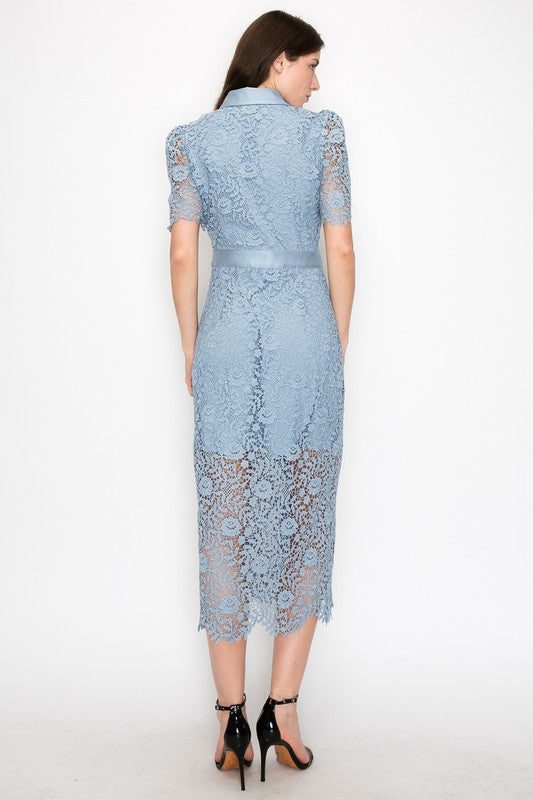Buttoned Flower Lace Midi Dress