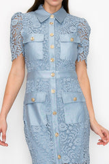 Buttoned Flower Lace Midi Dress