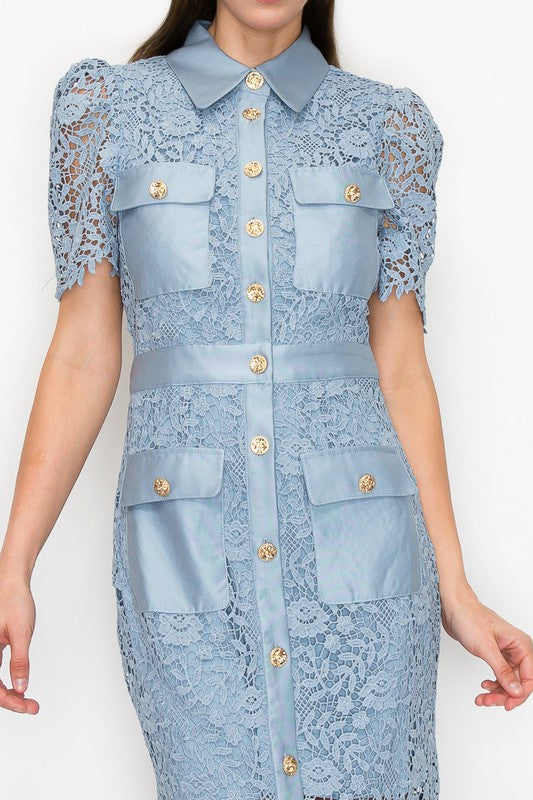 Buttoned Flower Lace Midi Dress