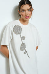White Embellished Flower T-shirt Dress