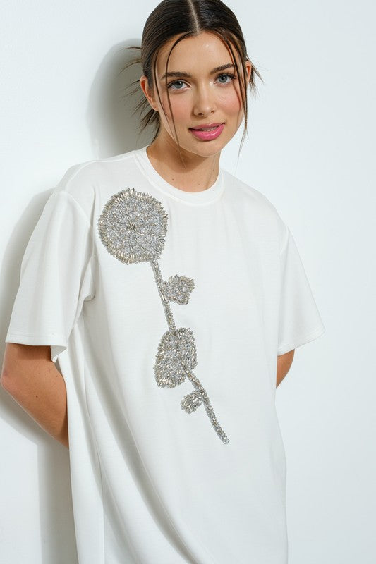 White Embellished Flower T-shirt Dress