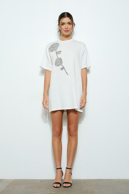 White Embellished Flower T-shirt Dress