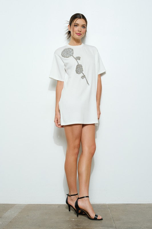White Embellished Flower T-shirt Dress