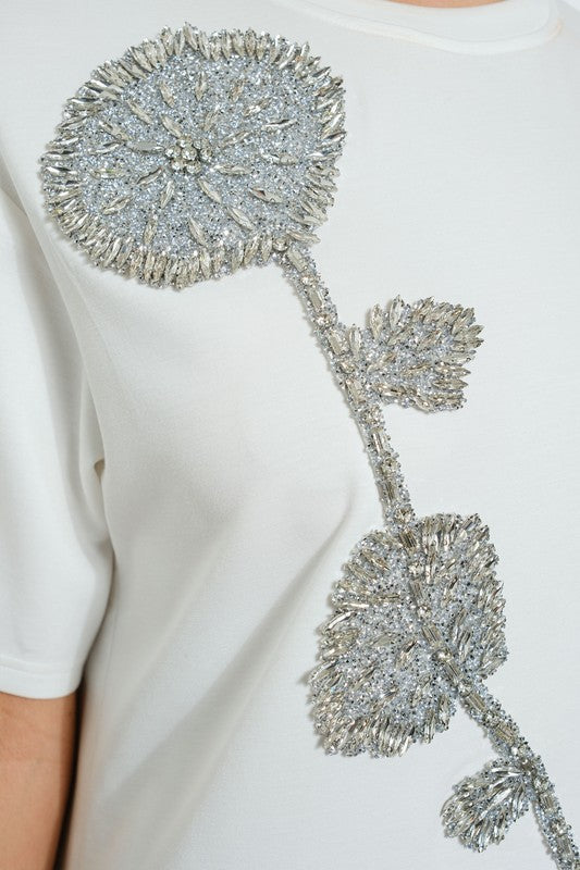 White Embellished Flower T-shirt Dress