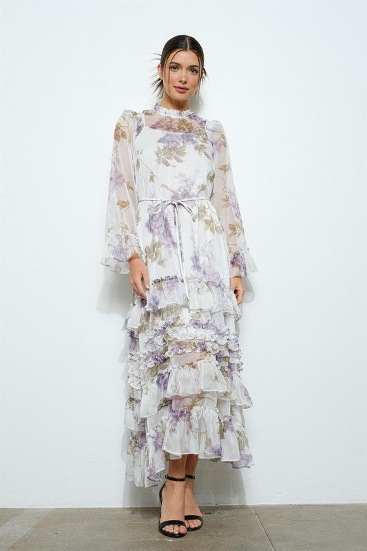 Floral Chiffon Layered Ruffle Maxi Dress