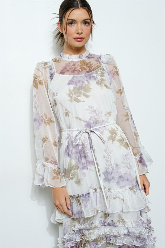Floral Chiffon Layered Ruffle Maxi Dress