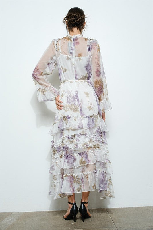 Floral Chiffon Layered Ruffle Maxi Dress