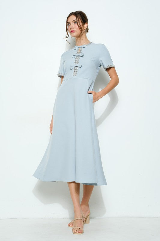 Powder Blue Embellished Bow Midi Dress