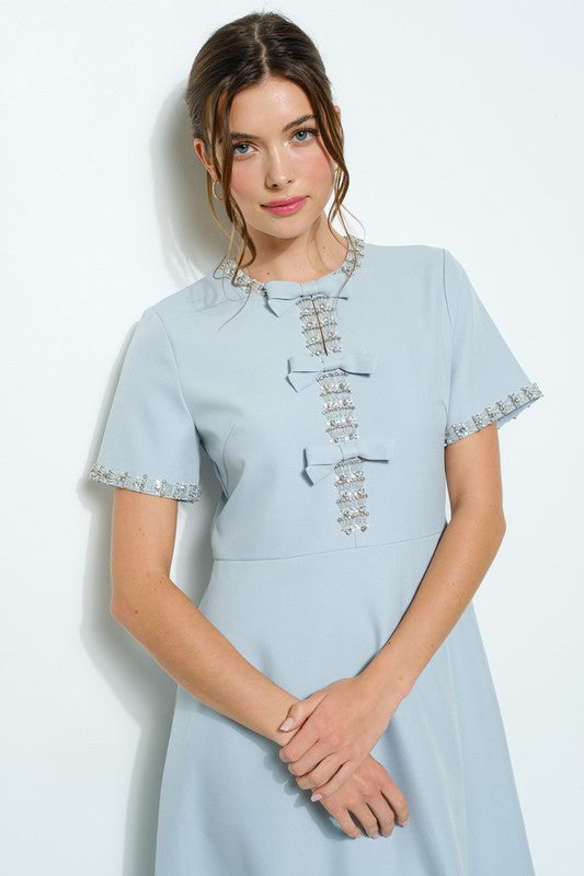 Powder Blue Embellished Bow Midi Dress