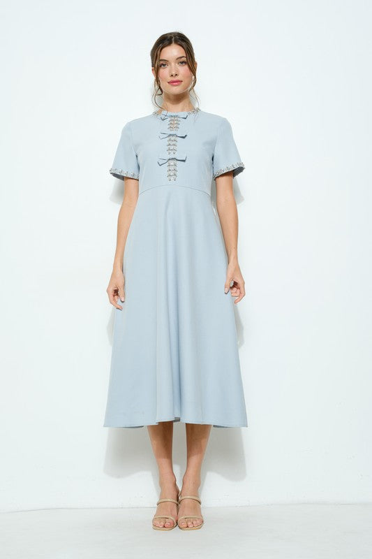 Powder Blue Embellished Bow Midi Dress
