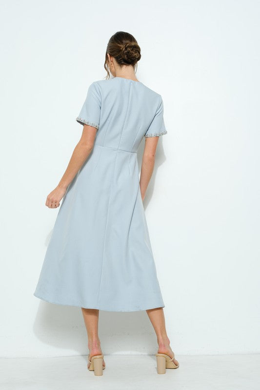 Powder Blue Embellished Bow Midi Dress