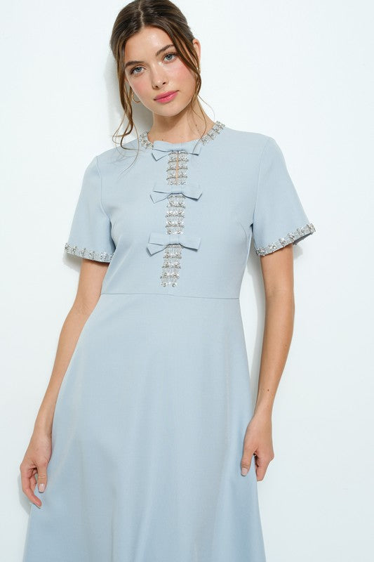 Powder Blue Embellished Bow Midi Dress