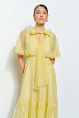 Bow Tie Cape-Style Lace Organza Midi Dress