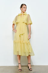 Bow Tie Cape-Style Lace Organza Midi Dress
