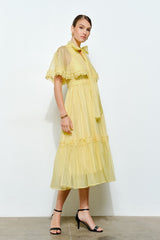 Bow Tie Cape-Style Lace Organza Midi Dress