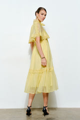 Bow Tie Cape-Style Lace Organza Midi Dress