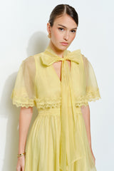 Bow Tie Cape-Style Lace Organza Midi Dress