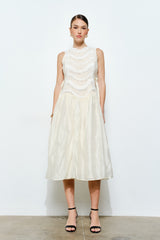Elegant Ruched Layered Lace Trim Midi Dress