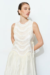 Elegant Ruched Layered Lace Trim Midi Dress