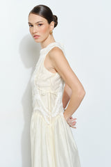 Elegant Ruched Layered Lace Trim Midi Dress