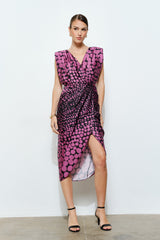 Satin Draped Polka Dot Wrap Midi Dress