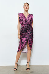 Satin Draped Polka Dot Wrap Midi Dress