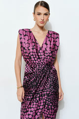 Satin Draped Polka Dot Wrap Midi Dress