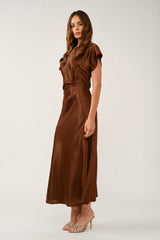 Satin Side Knot Draped Midi Dress