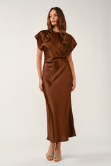 Satin Side Knot Draped Midi Dress