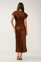 Satin Side Knot Draped Midi Dress