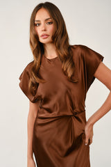 Satin Side Knot Draped Midi Dress