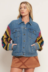 Denim Jacket with Crochet Contrast Sleeves