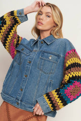 Denim Jacket with Crochet Contrast Sleeves