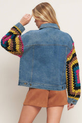 Denim Jacket with Crochet Contrast Sleeves
